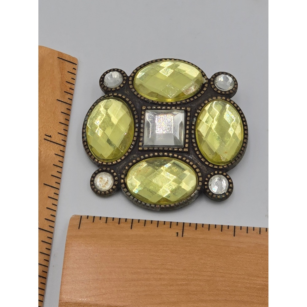 Vintage Maltese Cross Statement Brooch Pendant Canary Yellow Clear Rhinestones - Picture 3 of 3